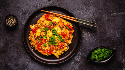 Korean style instant noodle, Shin Ramyeon with tomatoes and scrambled eggs.