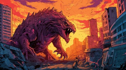 A post-apocalyptic cityscape with a giant mutated monster attacking the remains of the city. Fantasy concept , Illustration painting. Generative AI