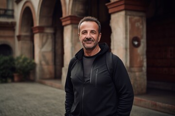 Fototapeta na wymiar Medium shot portrait photography of a pleased man in his 50s wearing a comfortable tracksuit against an old building or architecture background. Generative AI