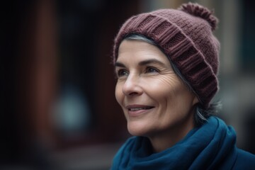 Portrait of a smiling middle aged woman in a hat and scarf
