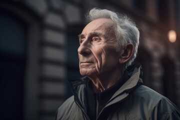 Portrait of an elderly man on the street in the city.