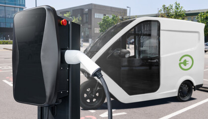 Electric tricycle scooter with charging station on a parking lot