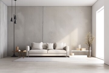 interior simple house stylish floor trendy concrete wall green decor lifestyle sofa lamp light. Generative AI.