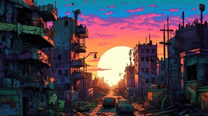 A post-apocalyptic cityscape with a radioactive glow in the background. Fantasy concept , Illustration painting. Generative AI