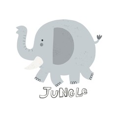 Naklejka premium Jungle. cartoon elephant, hand drawing lettering. flat style, colorful illustration for kids. baby design for cards, poster decoration, print