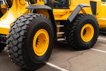 Close up of wheels of construction machine