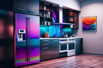 A futuristic kitchen interior, with modular and customizable design elements, in a bold and vibrant color scheme, with a dynamic and energetic atmosphere, generative ai