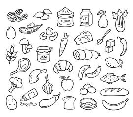 Fototapeta na wymiar Hand drawn food products icons. Doodle grocery goods for for menu designs and food packaging. Eating vector illustration set