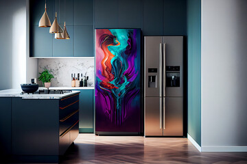 A futuristic kitchen interior, with modular and customizable design elements, in a bold and vibrant color scheme, with a dynamic and energetic atmosphere, generative ai