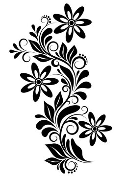 Floral black and white decorative ornament on a white isolated background. Pattern of flowers, leaves, swirls. Floral design element.