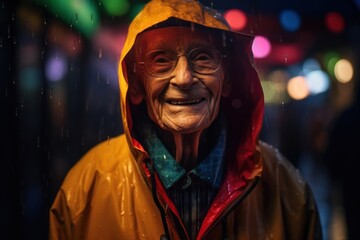 Lifestyle portrait photography of a cheerful man in his 80s wearing a vibrant raincoat against festive lights background. Generative AI