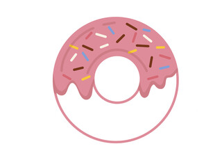The strawberry flavored donut is a circular dessert served with the cafe's logo coffee. on a white background.