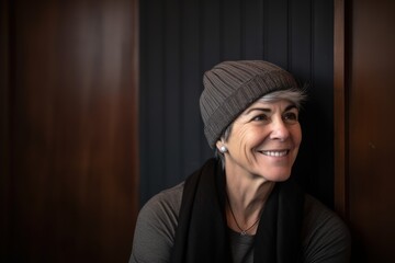 Portrait of a smiling middle-aged woman in a knitted cap