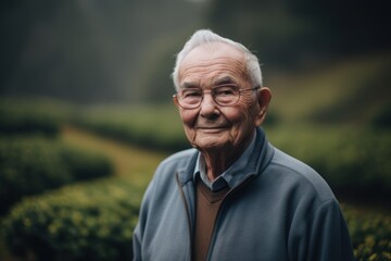 Portrait of asian senior man with tea plantation in the morning