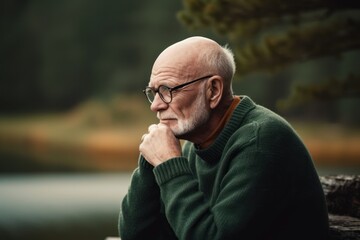 Portrait of a senior man with eyeglasses sitting by the lake