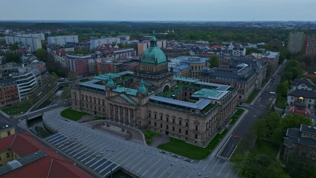 Aerial view of Federal Administrative Court ( Bundesverwaltungsgericht ) at dusk , Leipzig , Germany