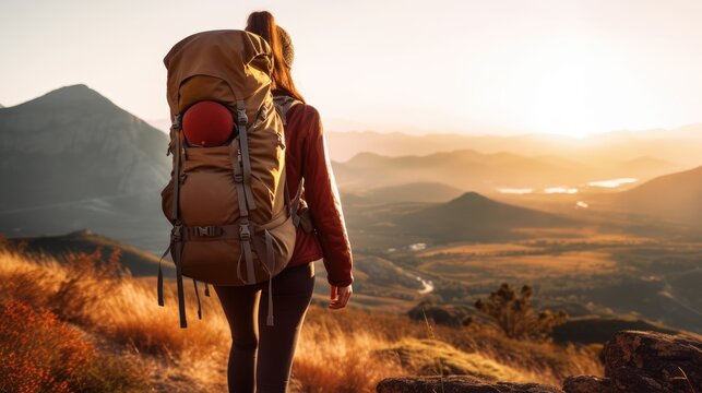 A woman hiking up a hill with a backpack, captured from behind.
