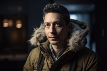 Obraz premium Portrait of a handsome young man in a winter jacket at night