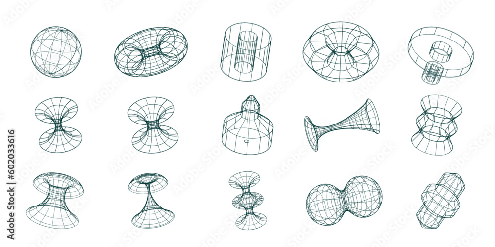 Poster trendy y2k 3d dimensional polygonal models, mesh grid geometric vector objects.