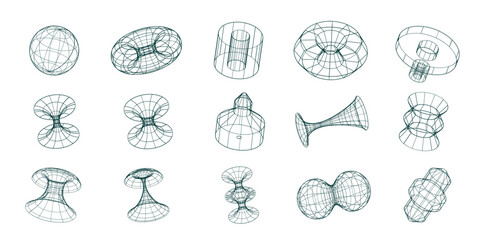 Trendy Y2K 3d dimensional polygonal models, mesh grid geometric vector objects.