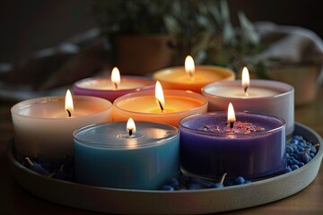 Fototapeta na wymiar Photo of a set of aromatherapy candles arranged on a circle tray