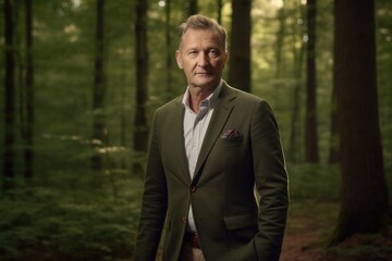Portrait of a handsome senior man in a green suit standing in the forest.
