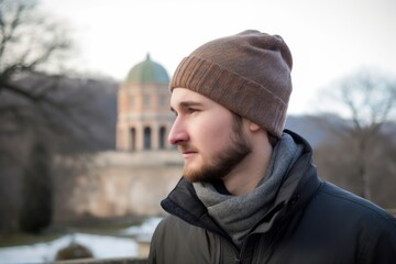Fototapeta na wymiar Environmental portrait photography of a pleased man in his 20s wearing a warm beanie or knit hat against a monastery or spiritual retreat background. Generative AI