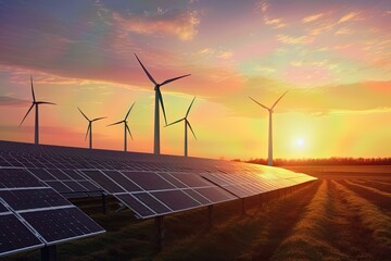 photo of solar panels or wind turbine farm at sunset