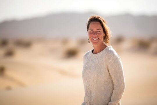 Portrait of a smiling woman standing in the middle of the desert