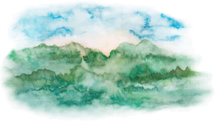 Obraz na płótnie Canvas Landscape with sky, forest fields Watercolor painting. Hand drawn illustration. Vector EPS.