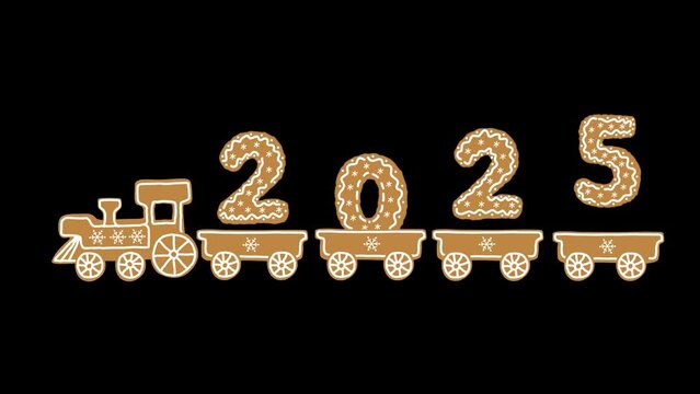 Christmas animation with alpha channel. Gingerbread train. Train with Christmas cookies in the form of numbers of the 2025 year