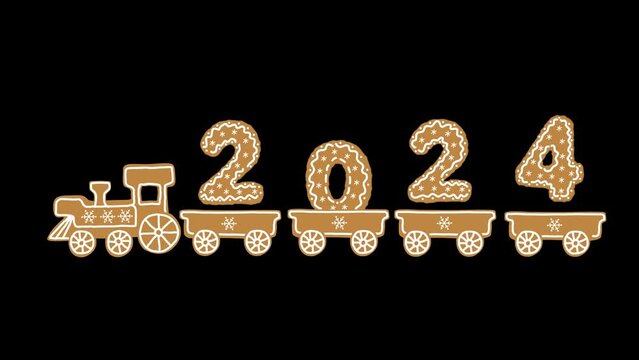 Christmas animation with alpha channel. Gingerbread train. Train with Christmas cookies in the form of numbers of the 2024 year