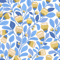 Floral pattern in pastel colors. Background with yellow flowers and blue leaves on a branch. For fabric, textile, wrapping paper, cover. 