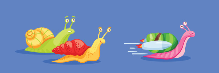 Cartoon snail race leader. Slow moving snails back turbo rocket fast accelerated happy snail. Advantage concept vector illustration © WinWin