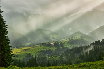 Majestic mountains landscape under morning sky with clouds. Overcast sky before storm. Carpathian, Ukraine