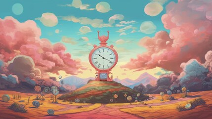 A surreal landscape with big clock in the field. Fantasy concept , Illustration painting. Generative AI