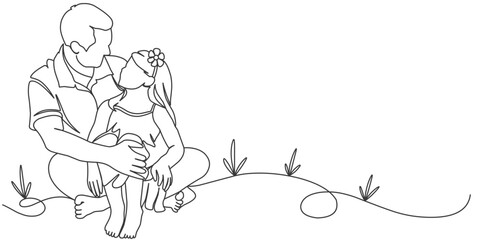 Fathers day line art vector illustration, father and daughter line art style illustration 