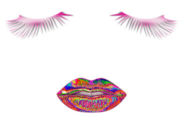 Women's lips and eyelashes. Sensual and seductive female lips with dark red lipstick and long black eyelashes on a white background. Cosmetics and beauty concept	