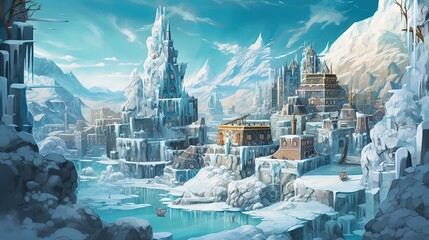 A surreal landscape of a city made out of ice. Fantasy concept , Illustration painting. Generative AI