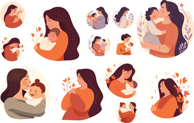 Mother's day. Beautiful woman holds a baby love illustration vector set , motherhood baby care - obrazy, fototapety, plakaty