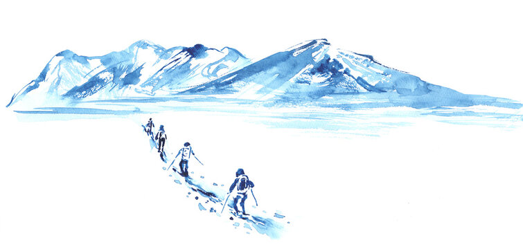 watercolor skiers climbing snowy mountains clip art preview