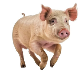 The pink pig runs hopping. The farm pig enjoys life. Isolated on transparent background. KI.