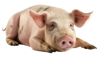 A cute, pink pig lies and rests. Isolated on transparent background. KI.
