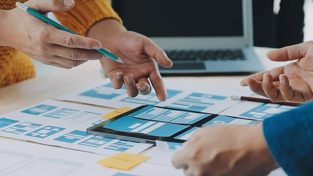 Website designer Creative planning application development draft sketch drawing template layout framework wireframe design studio . User experience concept .