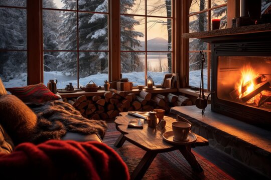 Cozy cabin house, fireplace relax