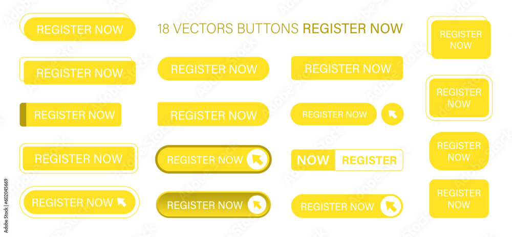 Poster register now button in flat style for application. click button application set