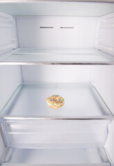 Open empty refrigerator with one donut on the shelf, diet concept