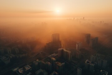 Abstract Blurred city Sunrise Sky Background with Dust, PM 2.5 and air pollution. Generative AI illustrations.