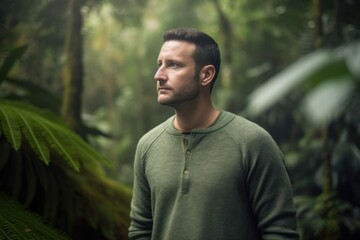 Environmental portrait photography of a satisfied man in his 30s wearing a cozy sweater against a rainforest canopy or treetop background. Generative AI