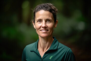 Environmental portrait photography of a pleased woman in her 40s wearing a sporty polo shirt against a rainforest canopy or treetop background. Generative AI